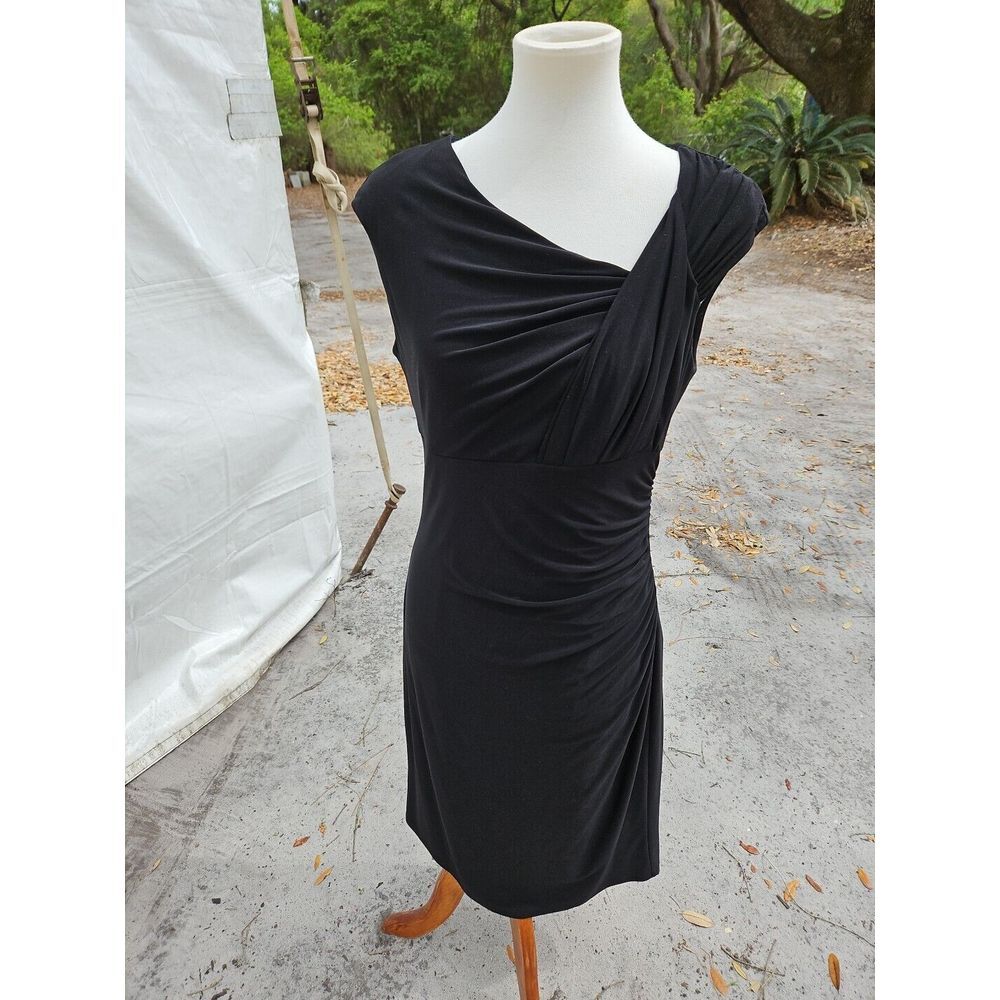Lauren‎ Ralph Lauren Front Side RUCHED Asymmetrical Neck Midi LBD Lined Black